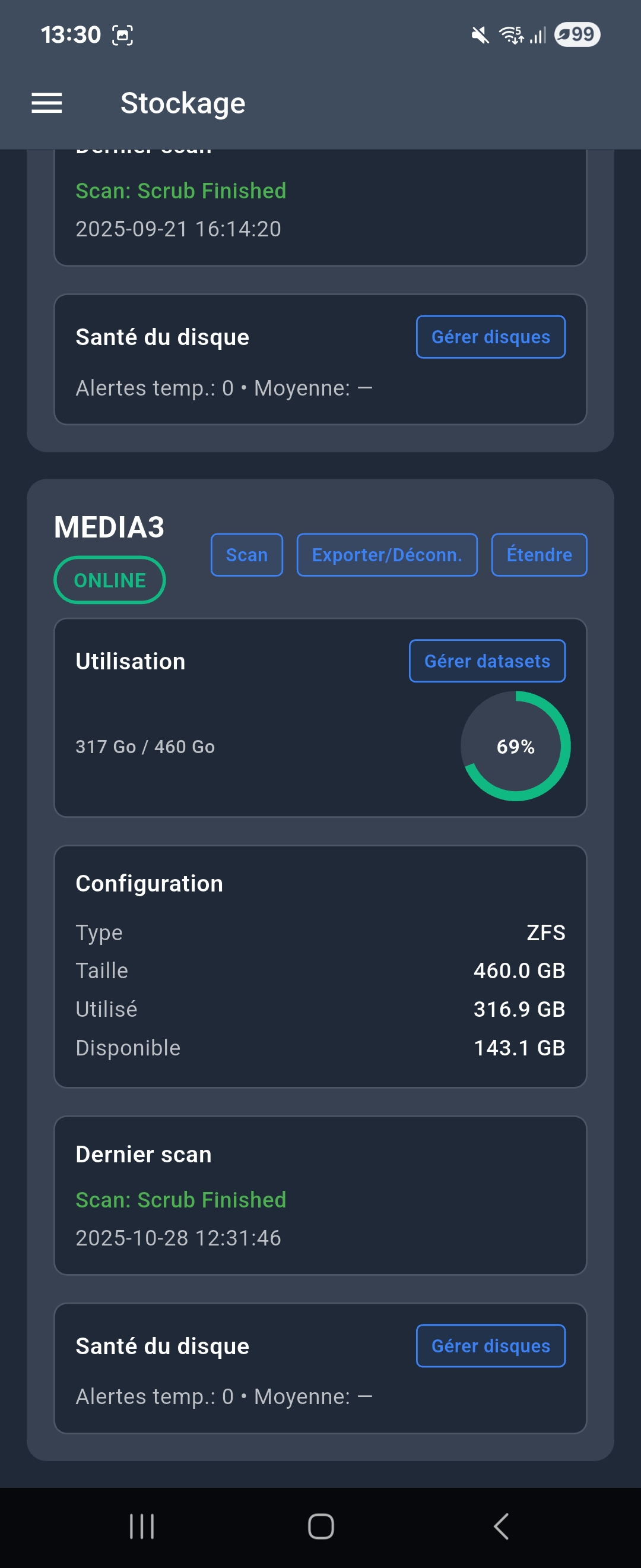 Interface de gestion du stockage pour le pool MEDIA3